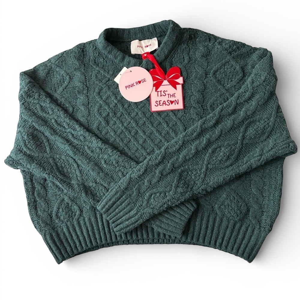 Pink Rose Green Cable Knit Sweater Size M NWT Cozy Chunky Winter Pullover
